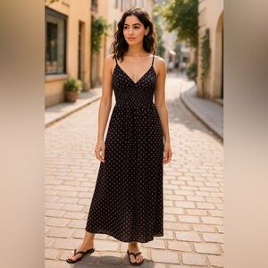 Estam U.S.A. Dotted Smocked V-neck Maxi Dress Black Purple Green Size Large Jr